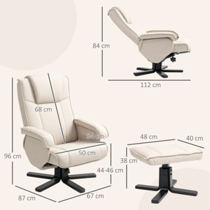 Sillón Relax Reclinable con Reposapiés Butaca de Salón Giratoria Tapizado en Lino con Base de Madera Función Basculante Butaca para Dormitorio Sala de Estar Beige