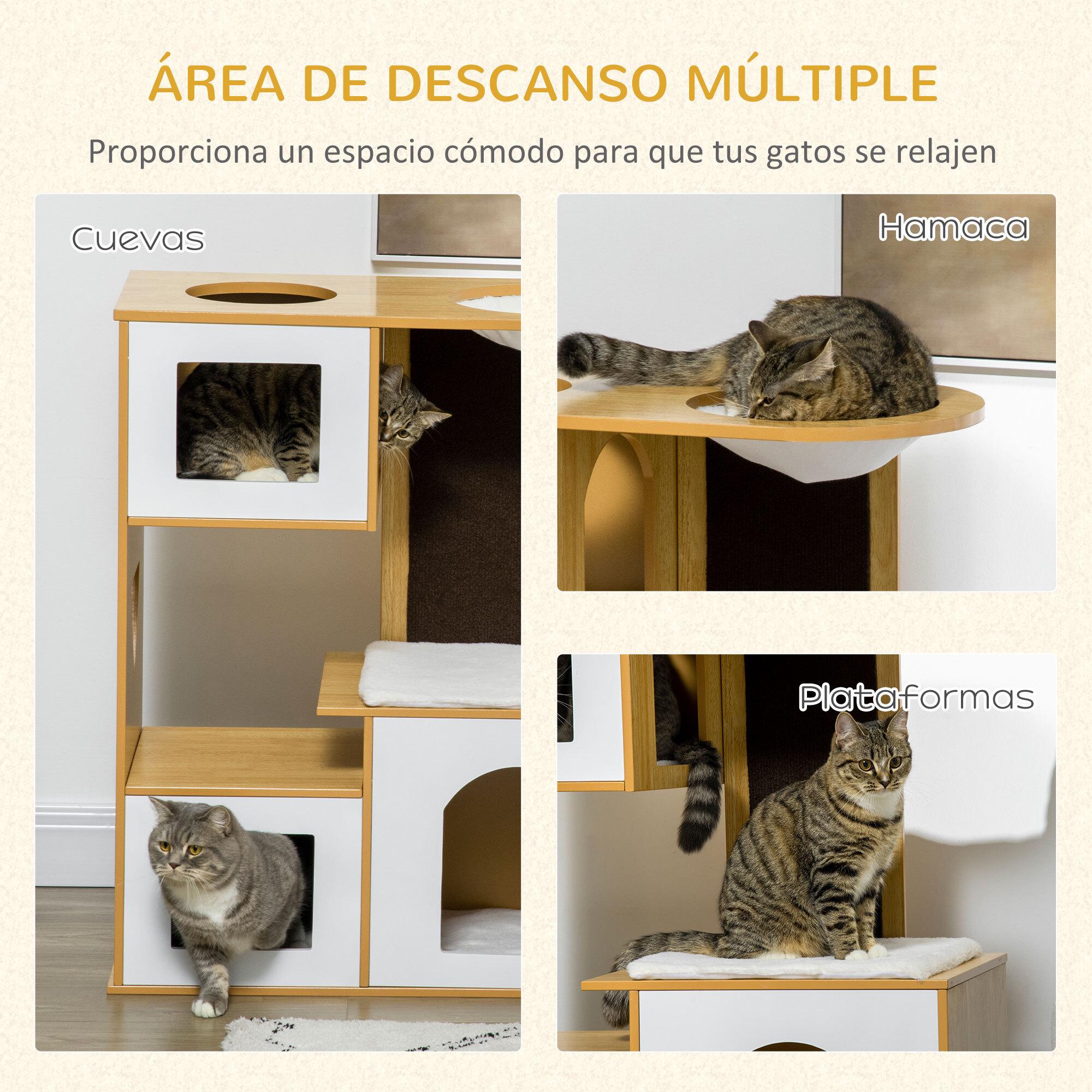 Árbol Rascador para Gatos Altura 92,5 cm Torre para Gatos con 3 Casetas de Madera Cojines Lavables Tabla de Rascador y Hamaca 76x37x92,5 cm Roble