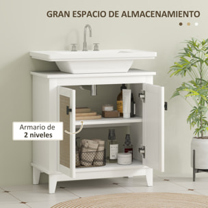 Mueble para Debajo del Lavabo Armario de Baño con Pie con 2 Puertas de Ratán PE 2 Estantes y Sistema Antivuelco para Cuarto Baño 60x30x60 cm Blanco