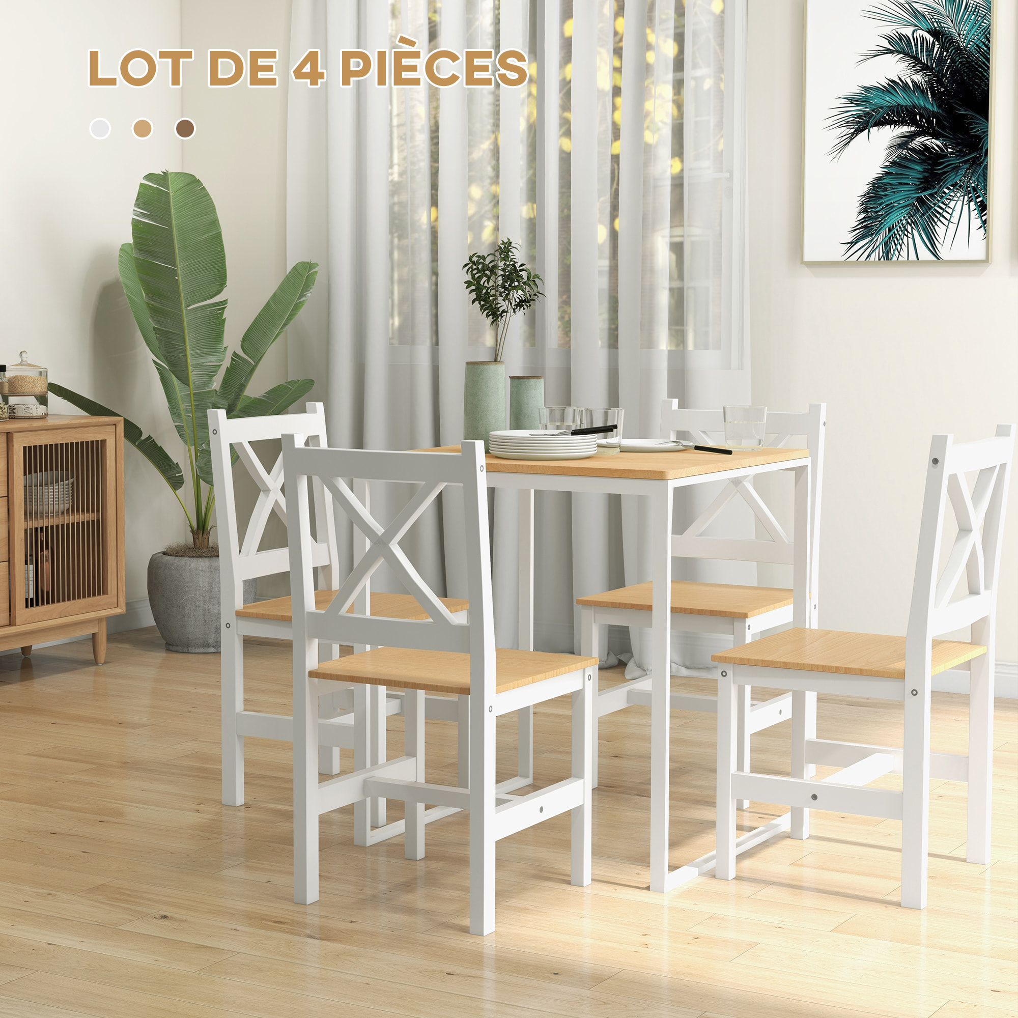 Lot de 4 chaises de salle à manger esprit campagne dossier croisé bois pin blanc