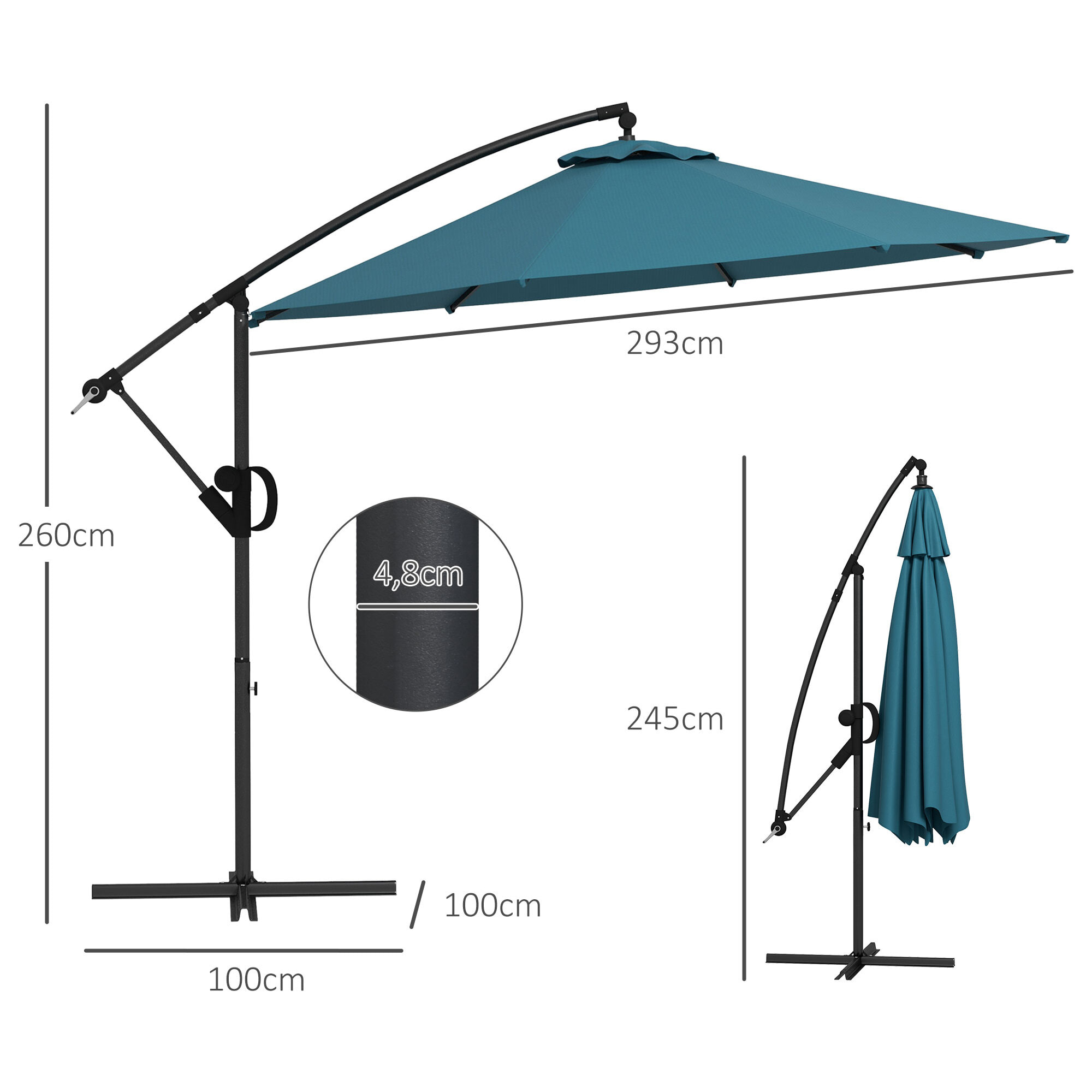 Parasol déporté octogonal inclinable Ø 2,93 x 2,60 m avec pied métal époxy alu bleu canard