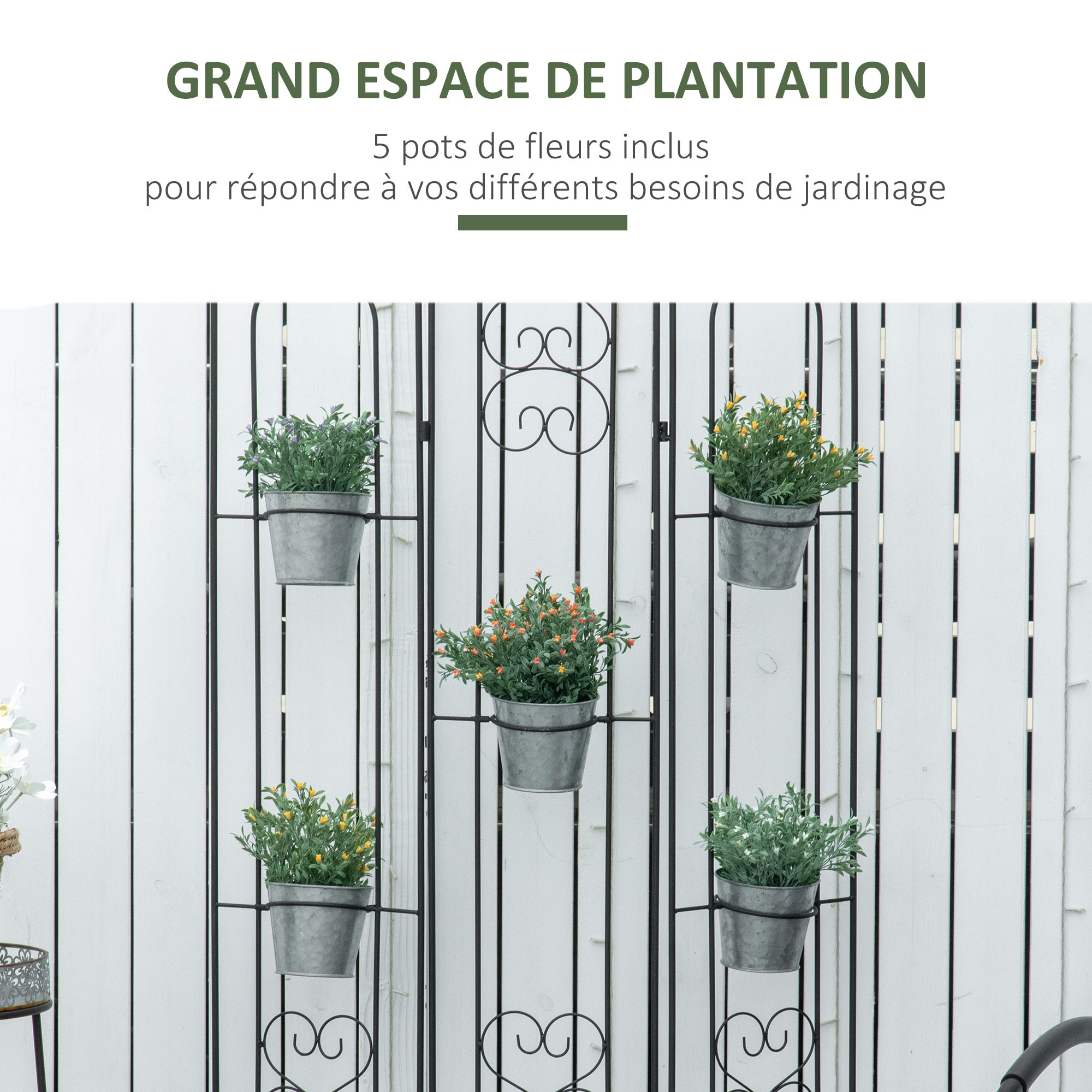Étagère de pots de fleurs plantes en métal style fer forgé - support de plantes pliable métal à planter - 5 pots fleurs inclus