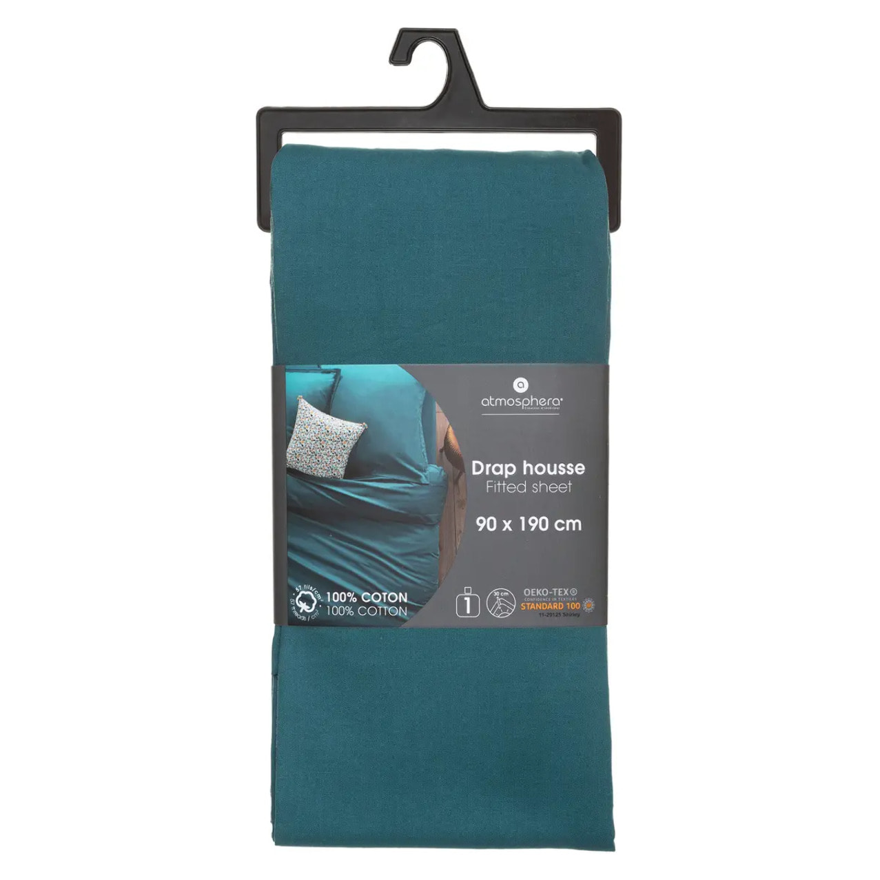 Drap-housse en coton - bleu canard - bonnet H30cm - 90x190 cm