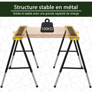 Lot de 2 tréteaux pliables telescopiques poignée transport dim. 100L x 49l x 62-89,5H cm surface antidérapante métal noir jaune