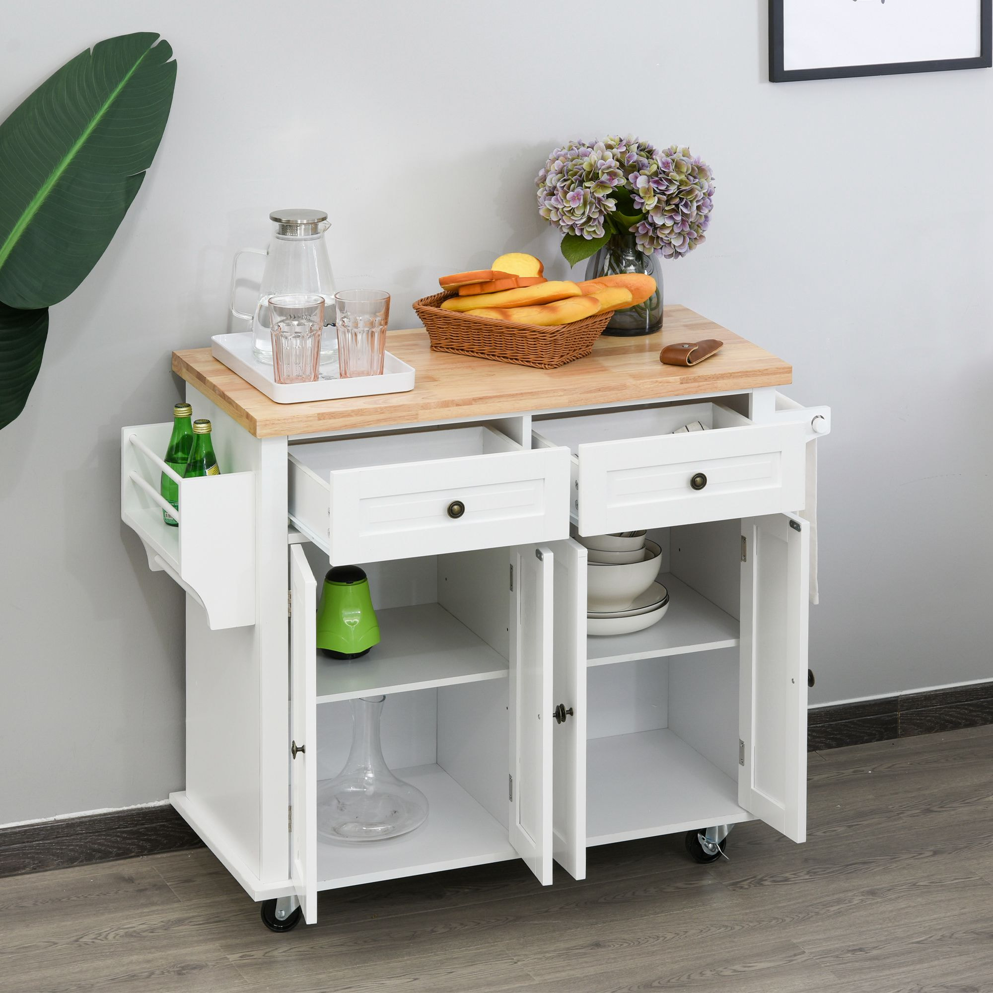 Desserte de cuisine multi rangements 2 tiroirs 2 placard 2 portes avec étagère range-bouteille porte-torchons MDF blanc hévéa