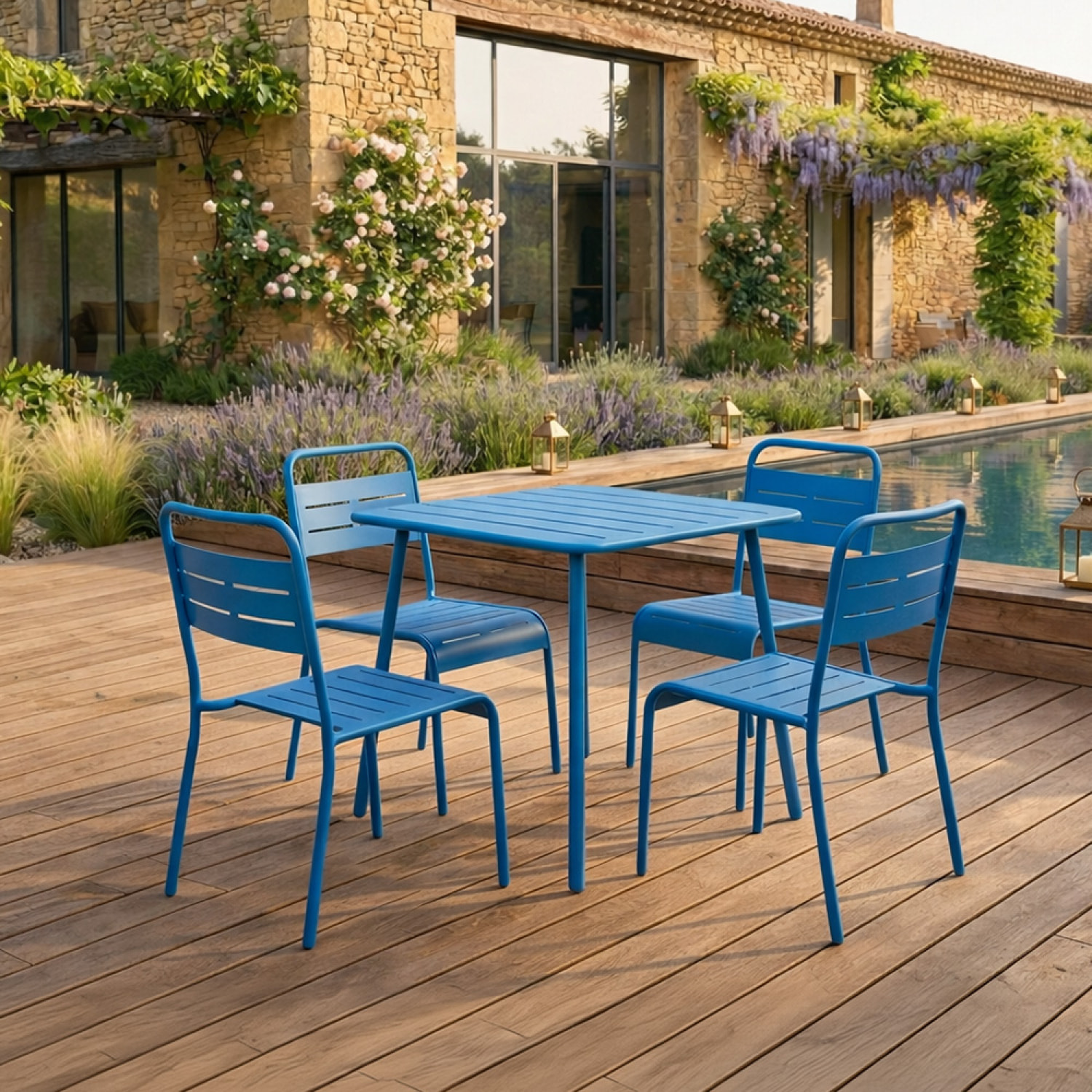 Ensemble table de jardin carrée et 4 chaises bleu EVORA