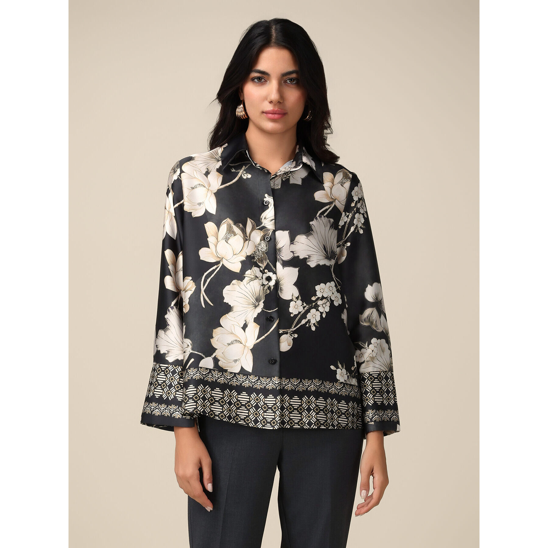 Oltre - Camicia in raso floreale - Nero