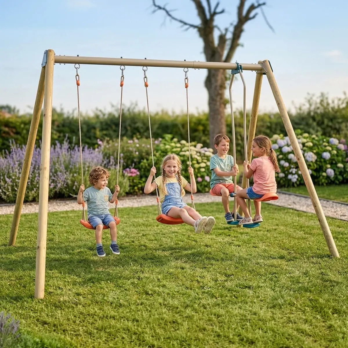 Balançoire double avec face à face - Techwood Harmonie BLOU - Aléo by Trigano