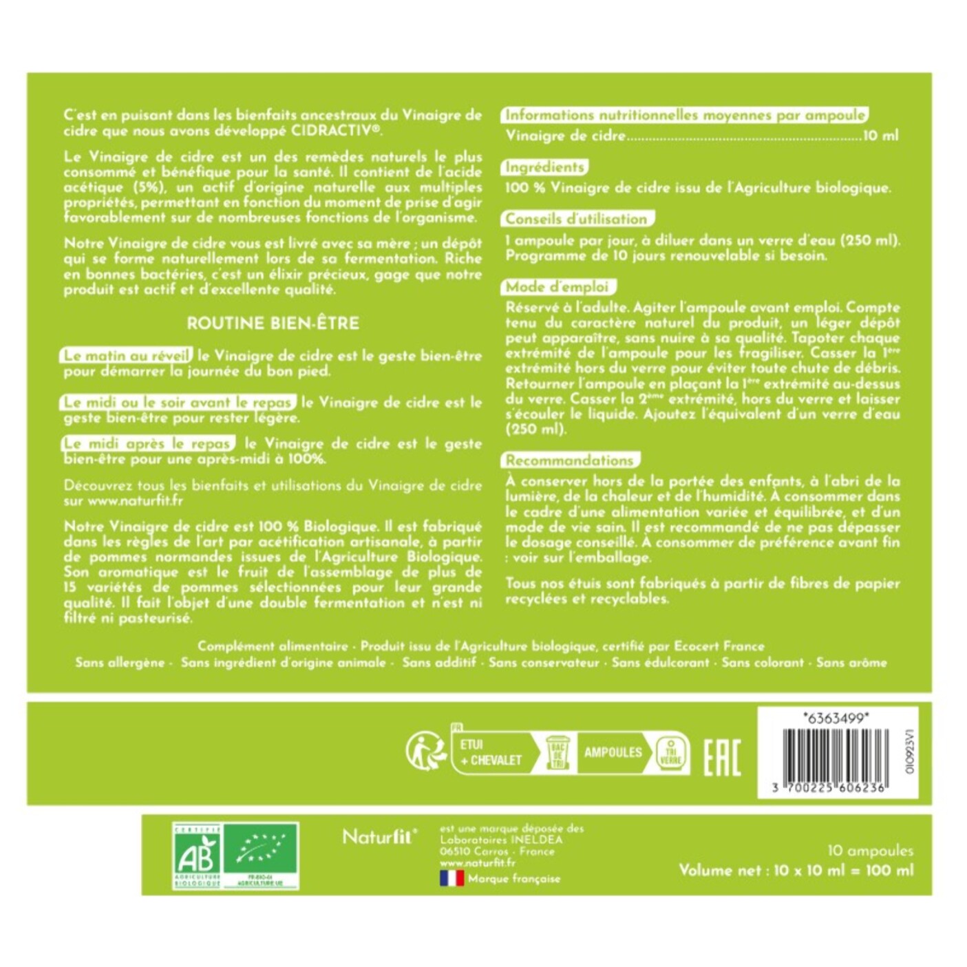 NATURFIT - Cidractiv - Vinaigre de Cidre Bio avec Mère - Routine bien-être - Qualité Premium - Fabriqué en France - 10 Ampoules