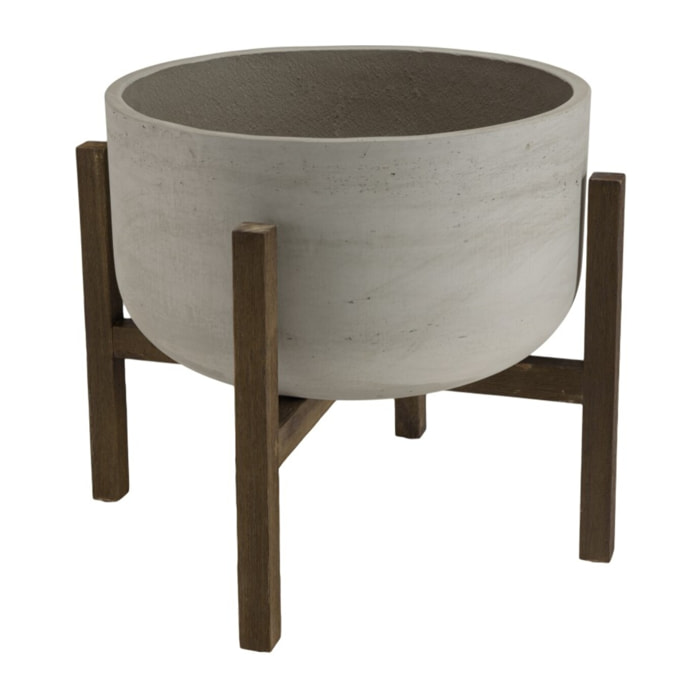 HECTOR - Pot de fleur rond en béton sur pieds en acacia marron