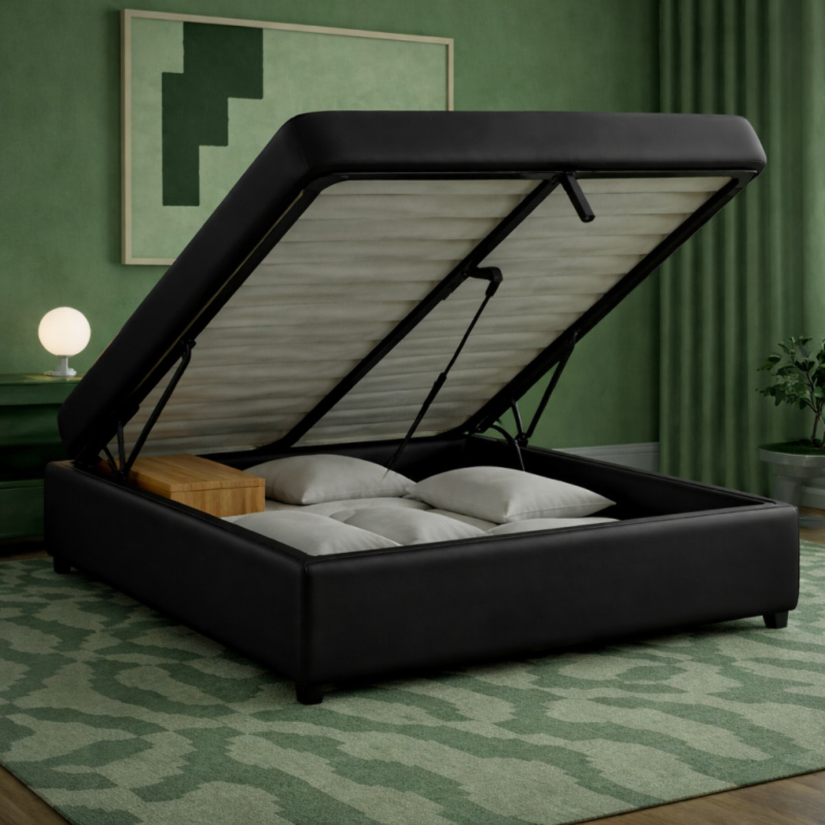 Lit coffre Cancun | Espace de Stockage jusqu'à 900 L | Robuste et Large Angle d’Ouverture | Simili-Cuir | Noir