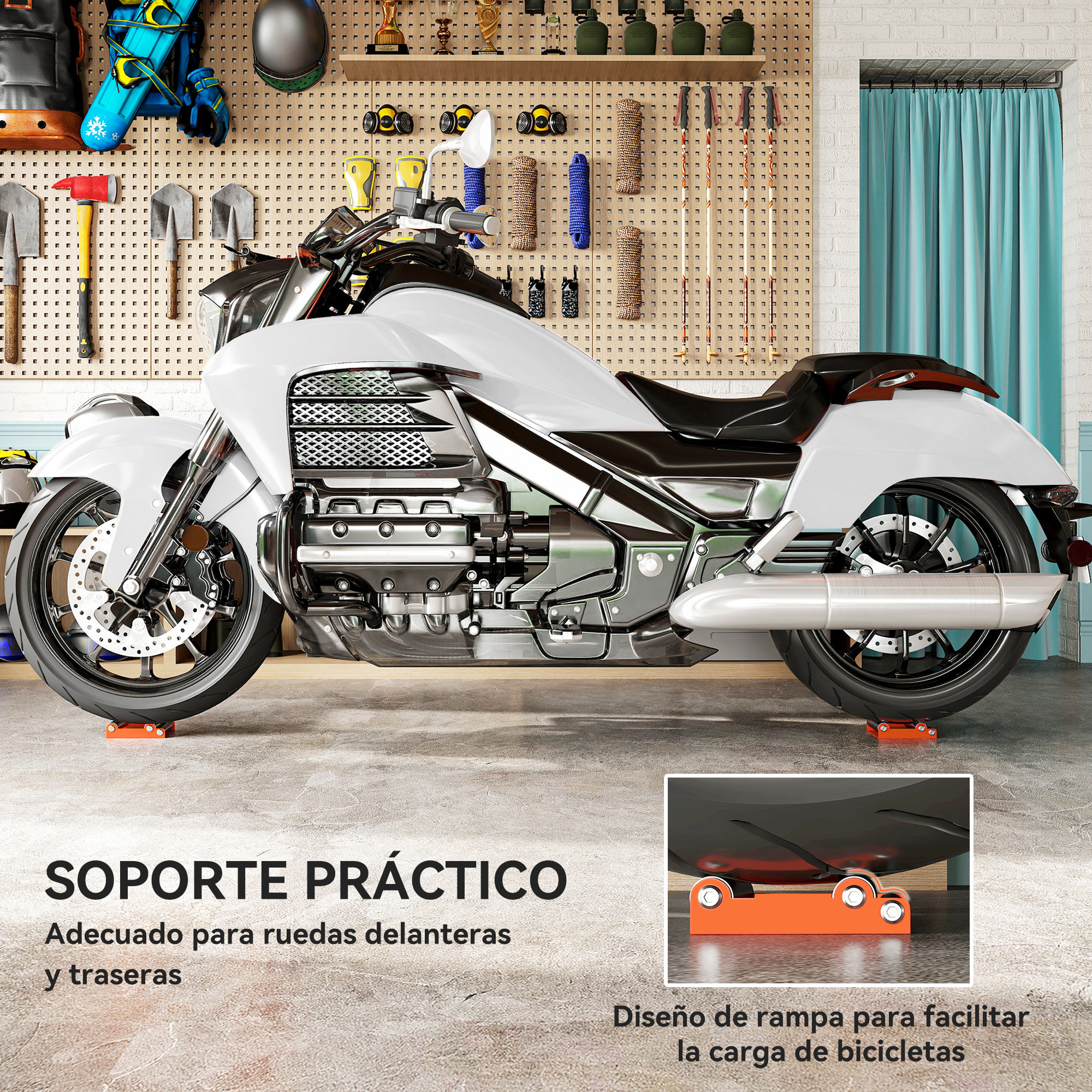 Soporte Rodillo Moto, Soporte Rodillo Limpieza Ruedas, para Limpieza de Neumáticos y Lubricación de Cadenas, para Moto < 220 kg y Ancho de Neumático <180 mm, Naranja