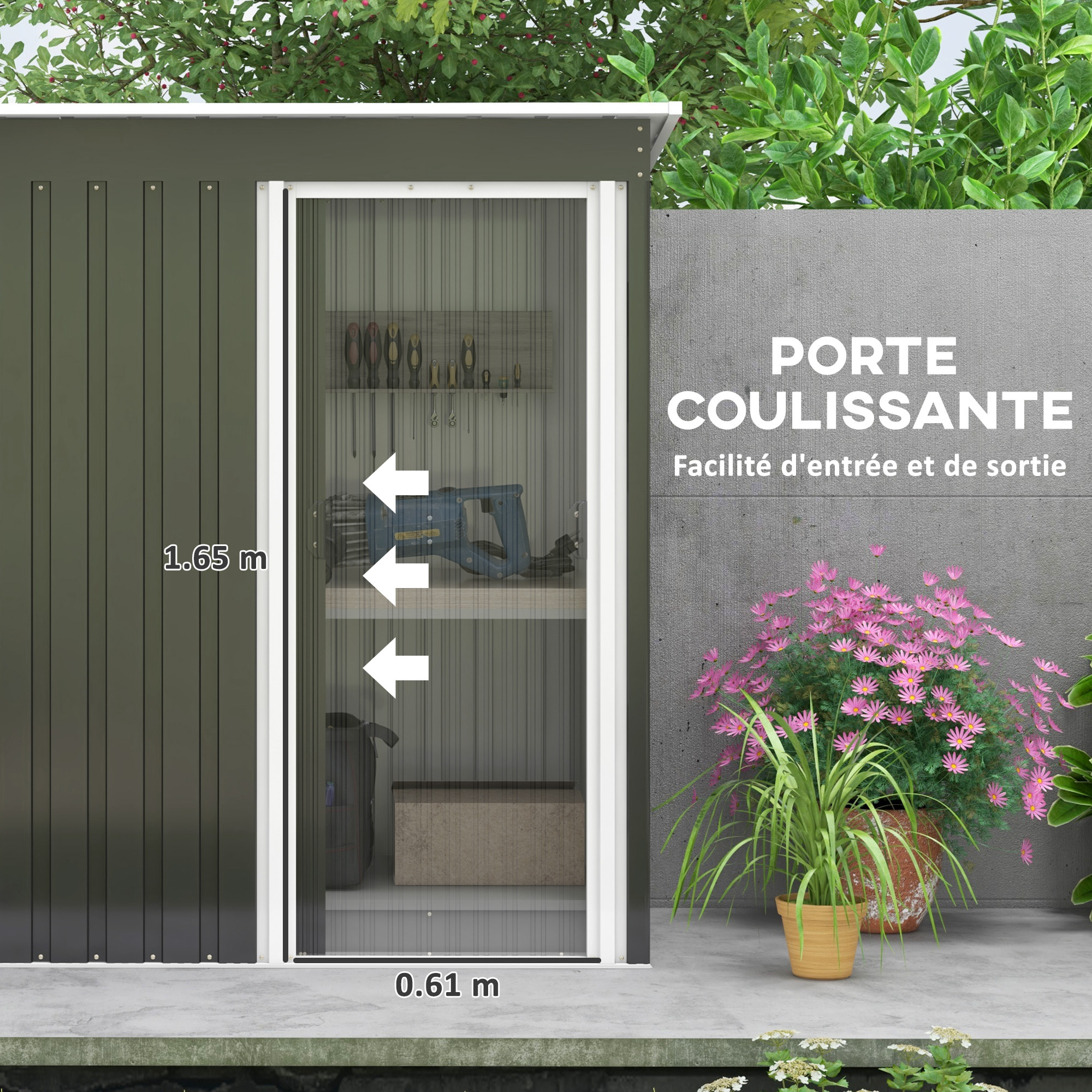 Abri de jardin - remise pour outils - cabanon porte coulissante - dim. 163L x 89l x 182H cm - tôle d'acier noir blanc