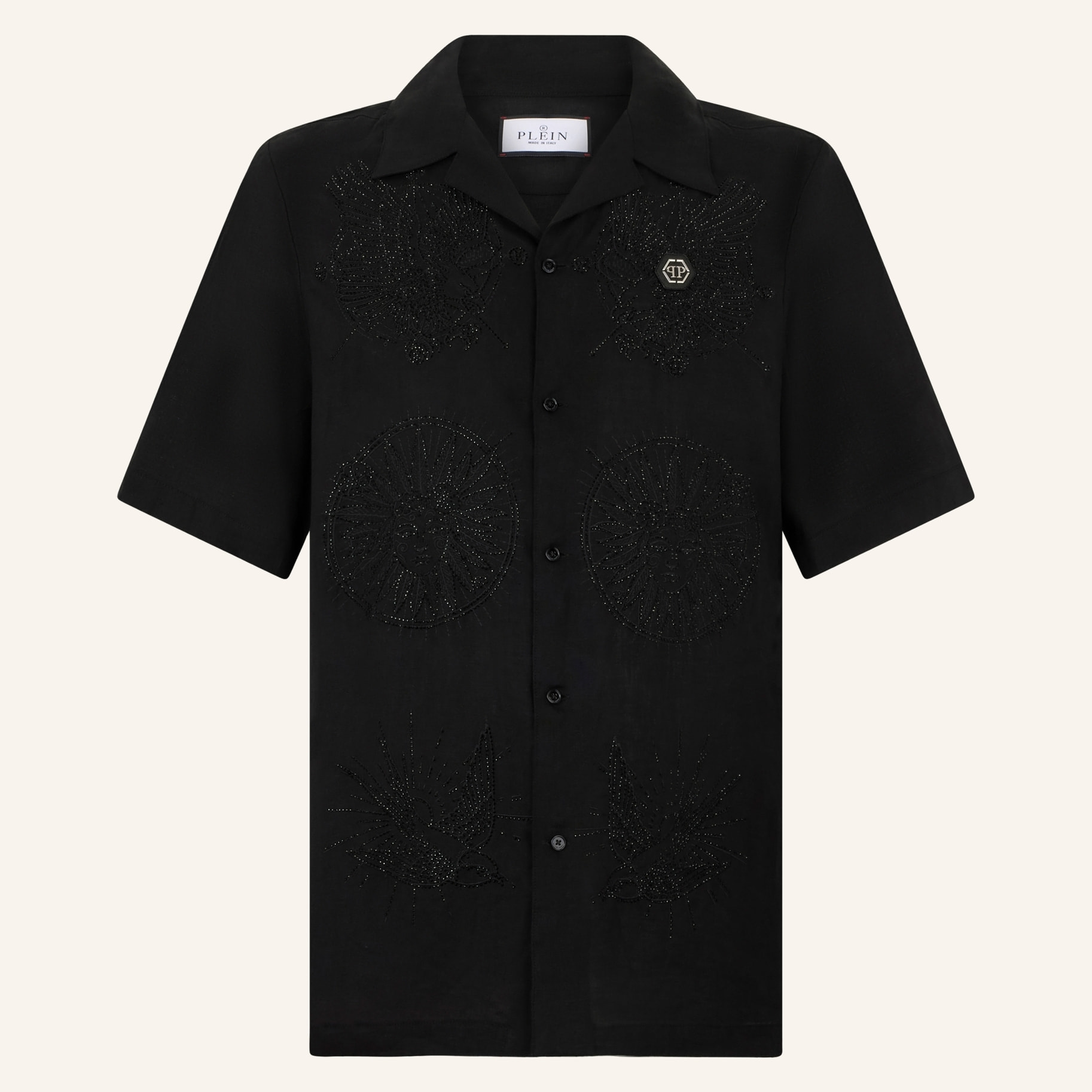 PHILIPP PLEIN Embroidered Linen Bowling Shirt Tattoo Strass