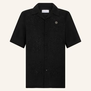 PHILIPP PLEIN Embroidered Linen Bowling Shirt Tattoo Strass