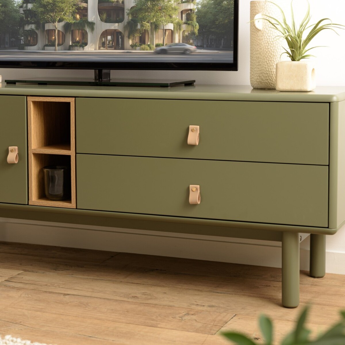 ETHAN - Meuble TV vert 1 porte, 2 tiroirs et 2 niches en bois naturel