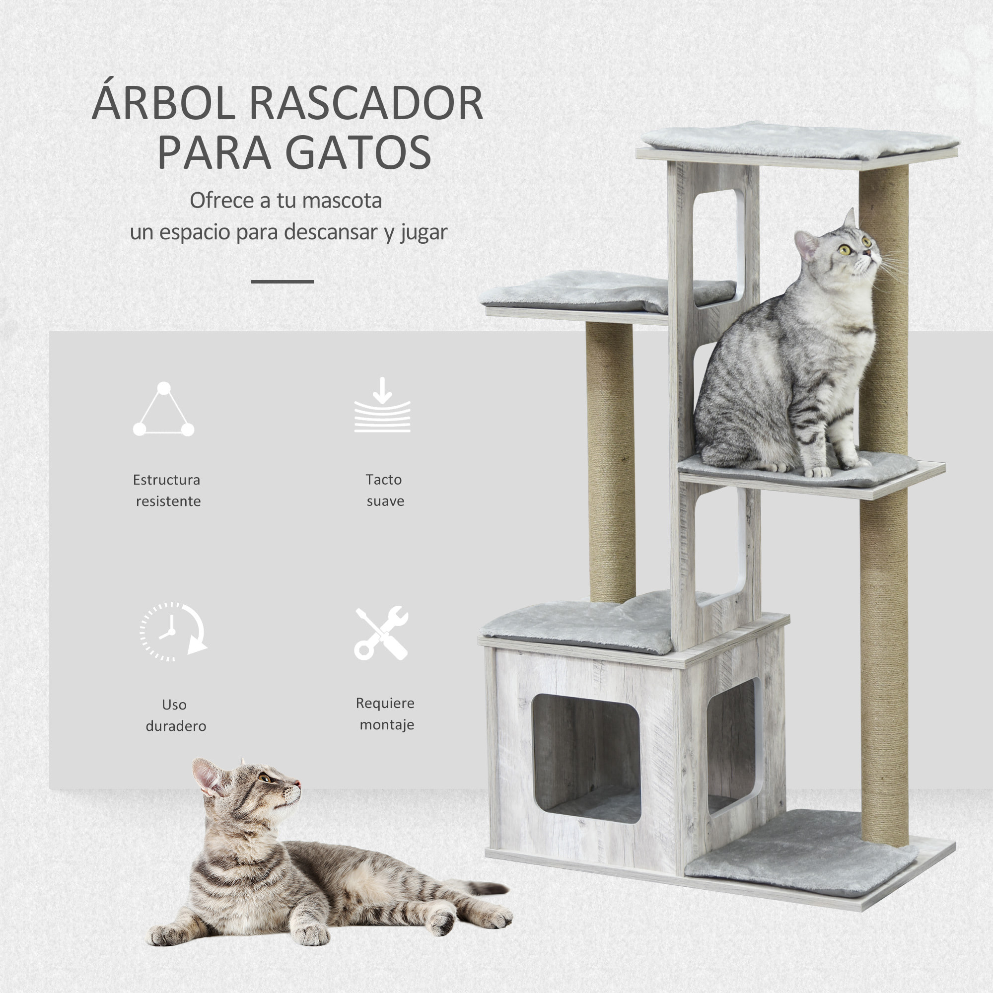 árbol Rascador para Gatos 67x38,5x114 cm Torre de Escalada de Gatos con Cueva de Madera Múltiples Plataformas y Postes de Rascar de Yute Juego y Descanso Gris