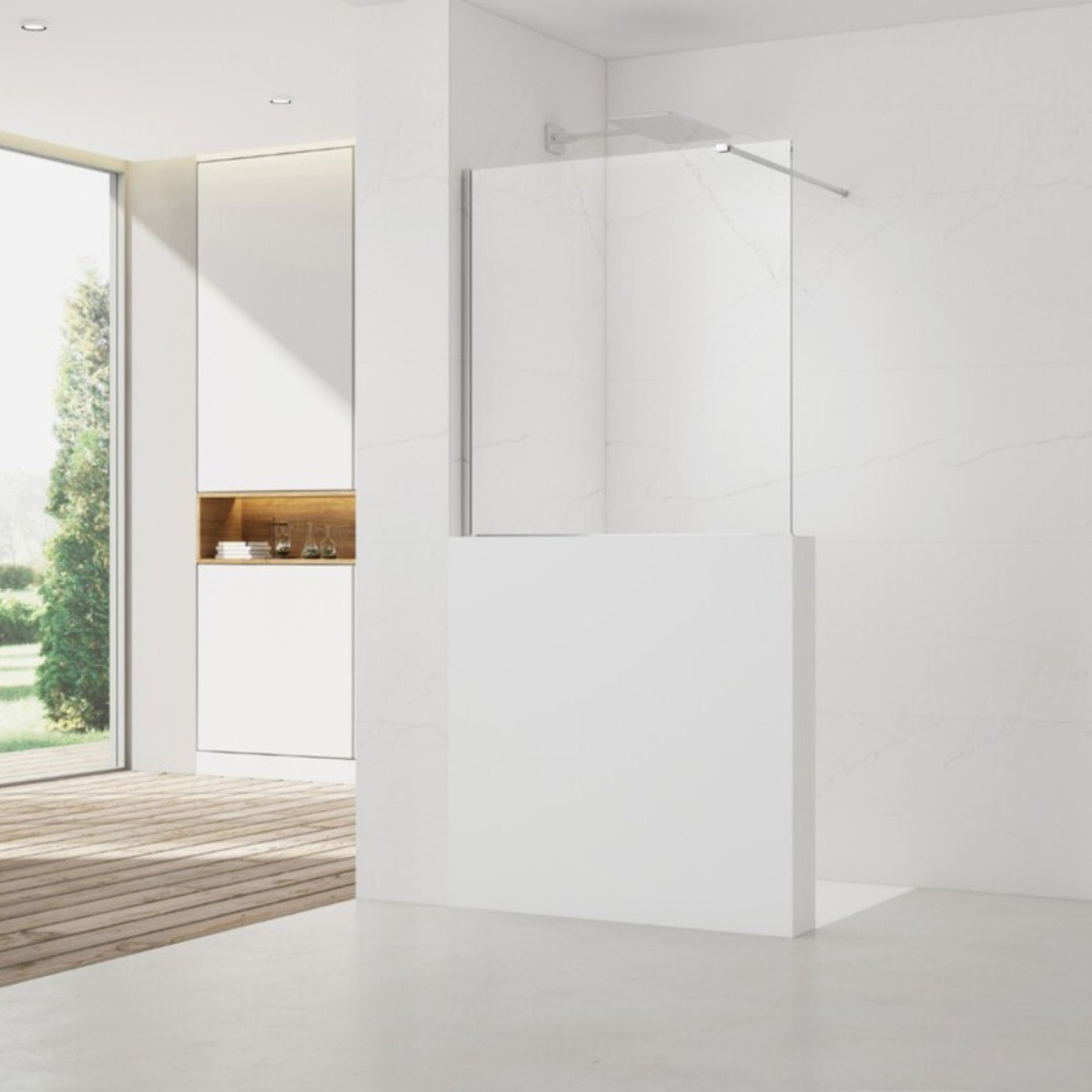 Pare-muret 100x100cm Paroi en verre Crystal Glass® 8 mm anticalcaire, avec bras et profilés chrome brillant (SATBWIS100PR)