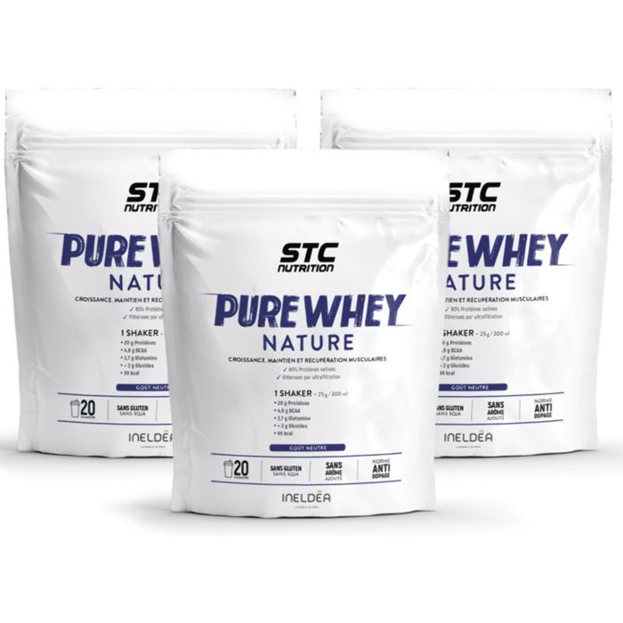 STC NUTRITION – Pure Whey – Protéines Natives Lactosérum - Apport en protéines quotidien – Anti-dopage – Sans arôme ajouté - Lot de 3 Doypack 500g