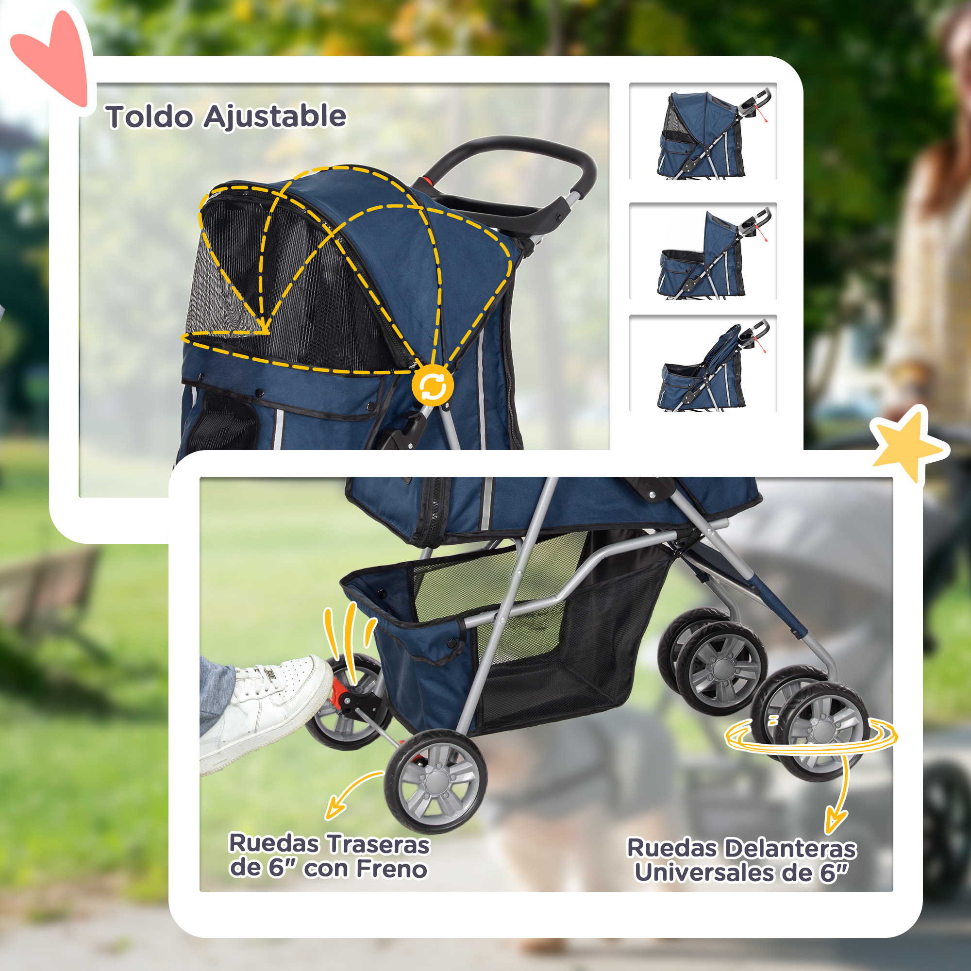 Carrito para Perros Plegable Cochecito para Mascotas Carrito para Perros Pequeños con Toldo Ajustable Cesta de Almacenaje Ventanas de Malla Portavasos y 2 Ruedas 75x45x97 cm Azul Oscuro