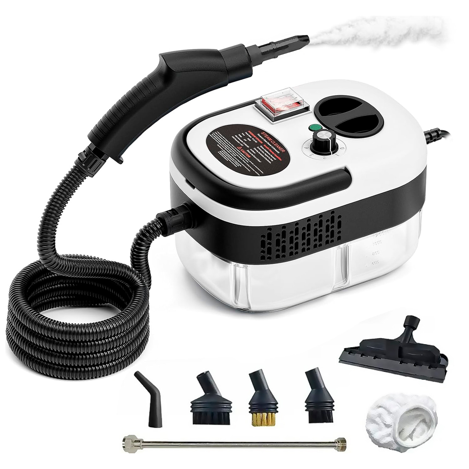 Limpiador de vapor de 2500W con vapor a 105°C y 3 bares de presión. Depósito de 900 ml con 6 niveles de vapor. Incluye 7 cabezales.