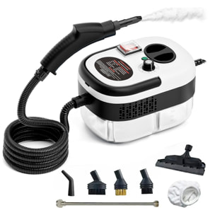 Limpiador de vapor de 2500W con vapor a 105°C y 3 bares de presión. Depósito de 900 ml con 6 niveles de vapor. Incluye 7 cabezales.