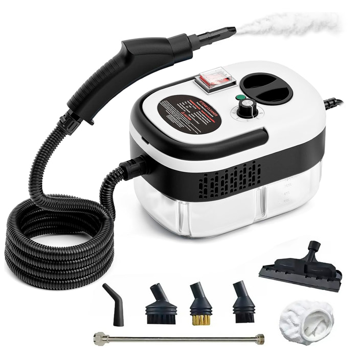 Limpiador de vapor de 2500W con vapor a 105°C y 3 bares de presión. Depósito de 900 ml con 6 niveles de vapor. Incluye 7 cabezales.