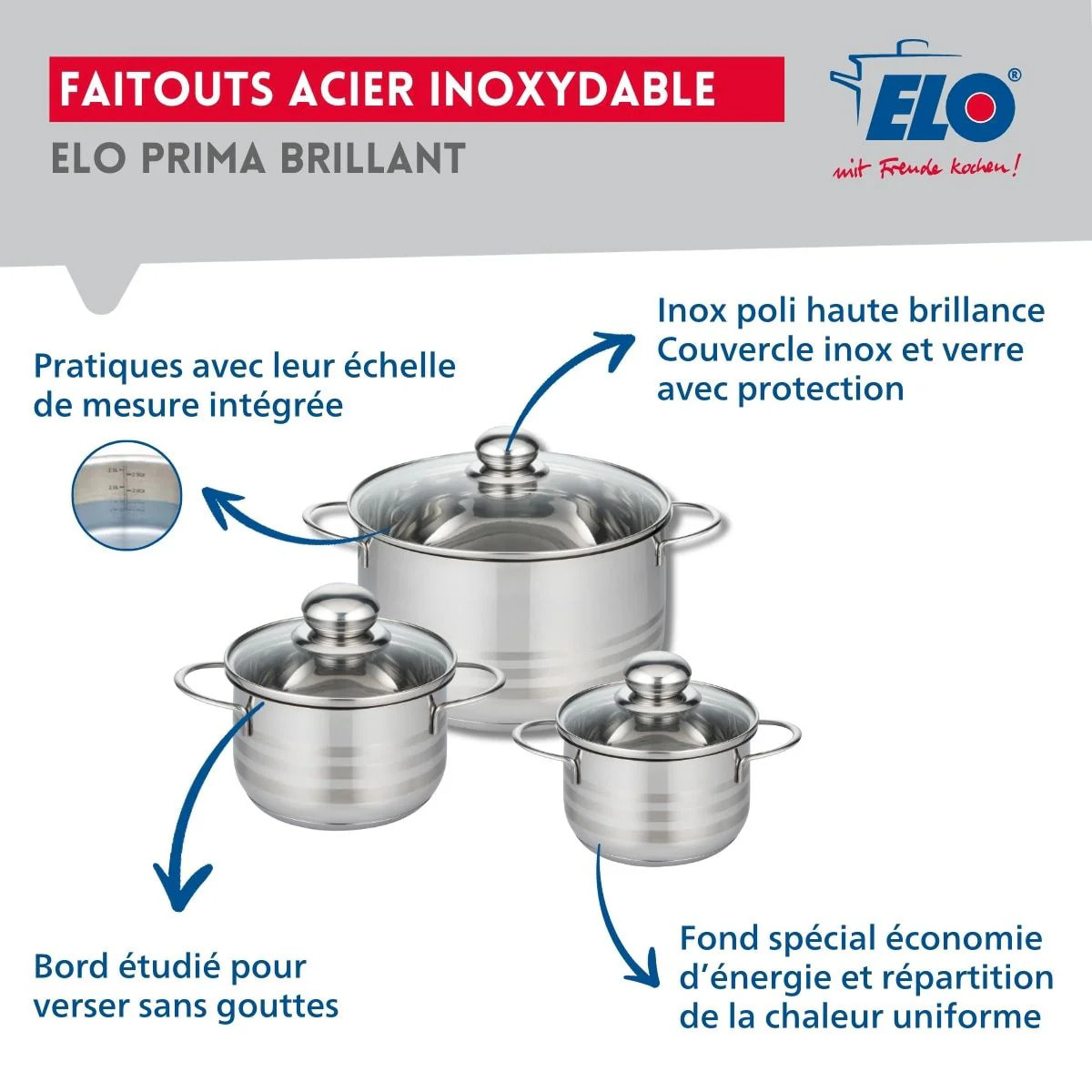 Ensemble de 1 Poêle de cuisson 32 cm et 3 faitouts 14, 16 et 24 cm Elo Profi Brillant