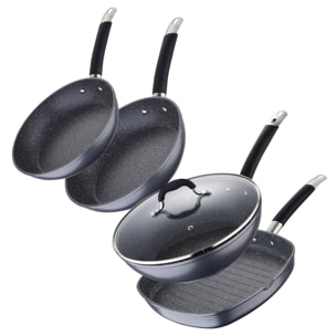 Juego de 2 Sartenes Ø20Ø24cm + Wok de Ø28cm + Sartén Grill 28x28x4,5cm en Aluminio forjado aptas para inducción color Gris MasterPRO