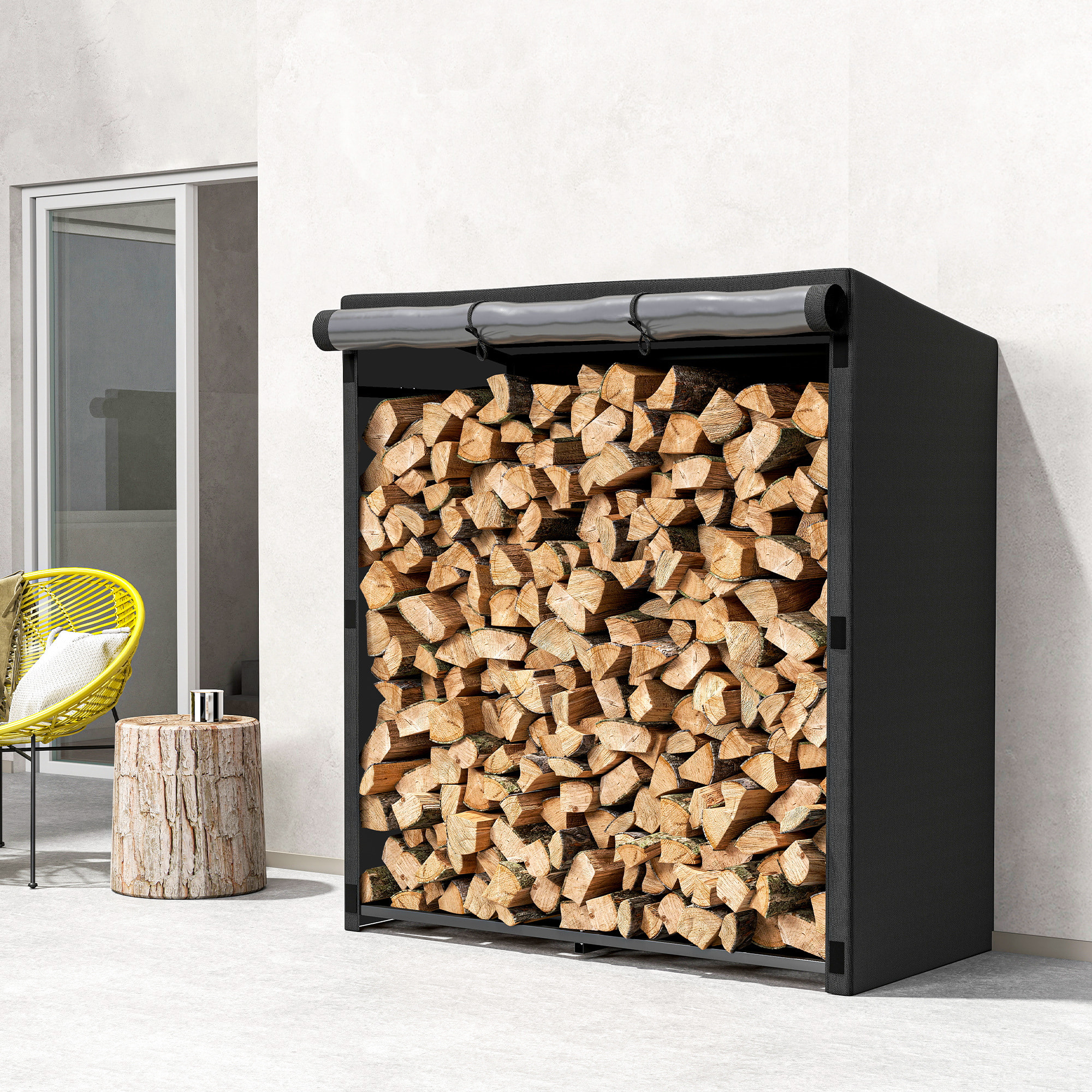 Estante de Leña Metálico, 140x70x154 cm, Leñero Exterior con Cubierta Impermeable 600D Oxford, Marco de Acero, Soporte para Leña de Chimenea, Carga 300 kg, para Jardín, Terraza