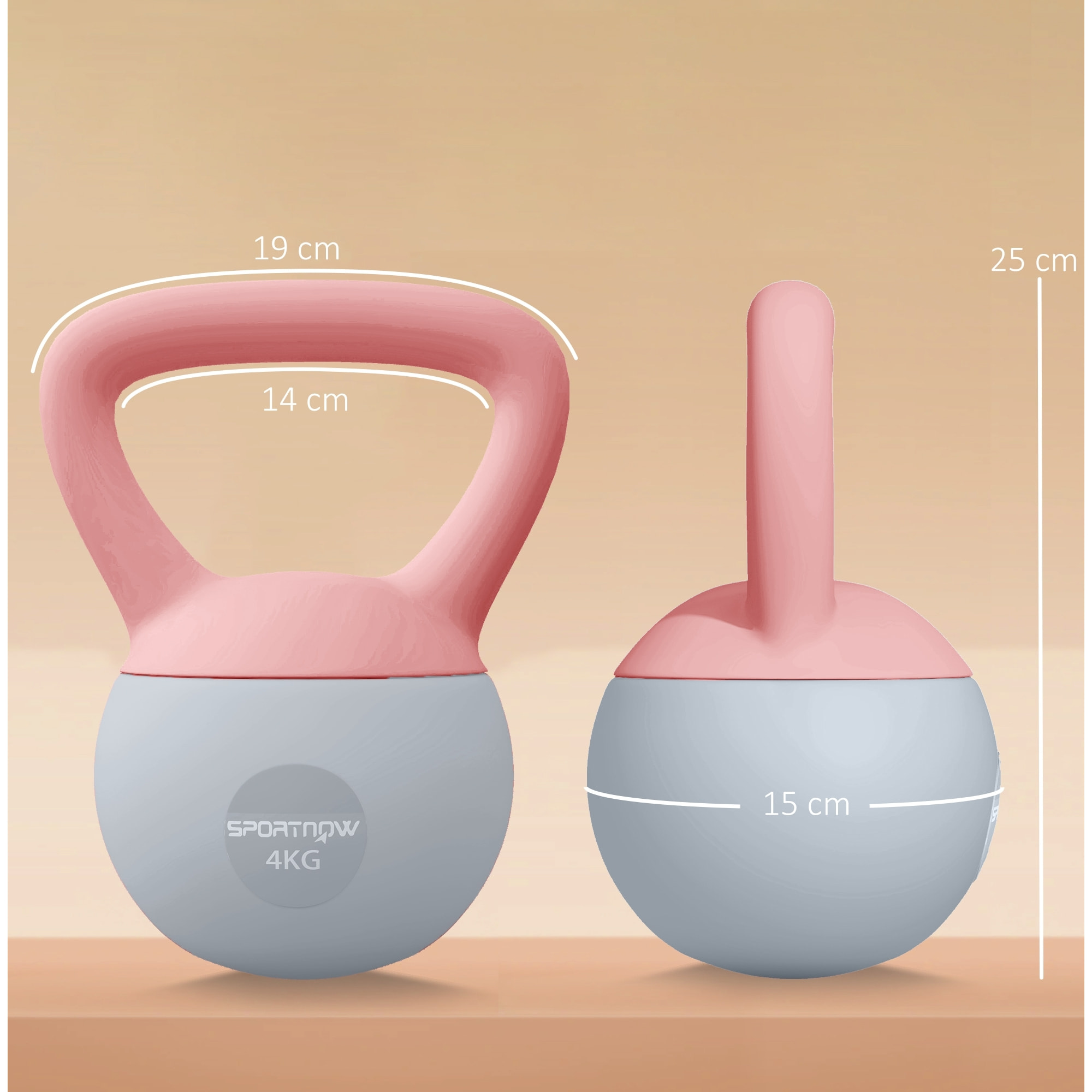 Pesa Rusa 4 kg, Soft Kettlebell Relleno de Arena Metálica y Mango Antideslizante, para Entrenamiento Culturismo, en Casa, Gimnasio, Rosa Palo y Gris