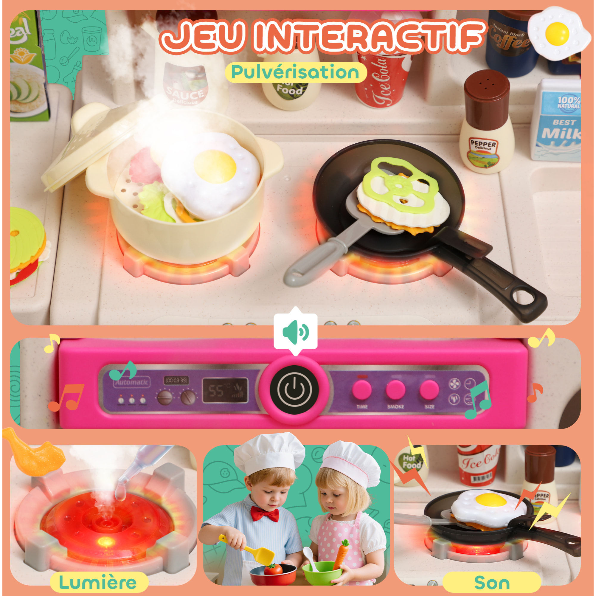 Cuisine pour enfant nombreux accessoires jouet d'imitation avec lumières et sons 3-6 ans rose
