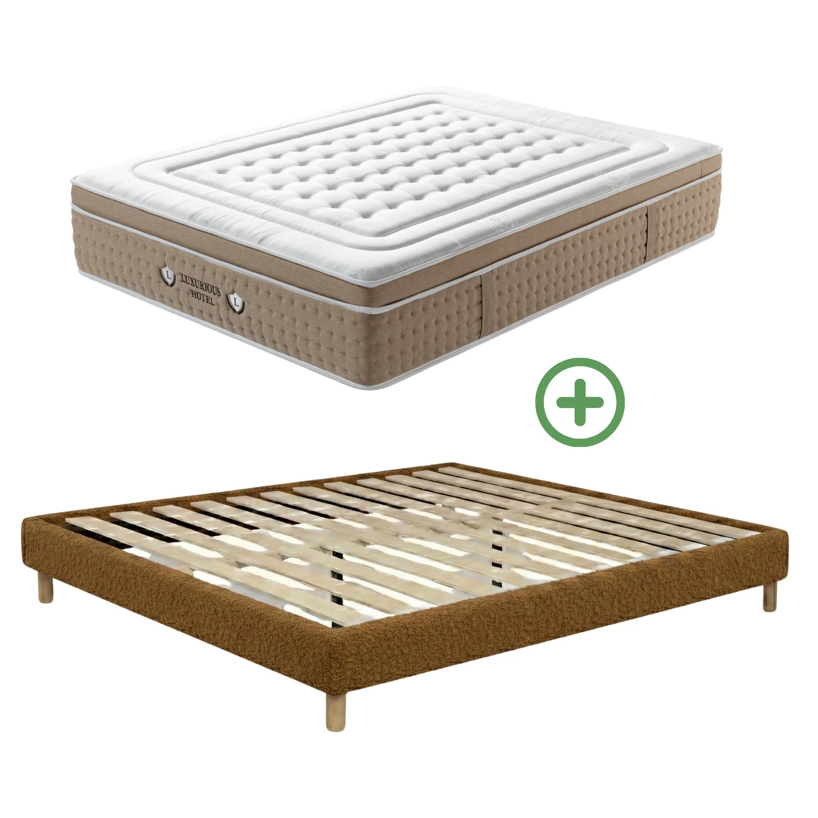 Ensemble matelas Bali & sommier Cancun | Mémoire de forme et ressorts ensachés | Cadre à lattes | Bouclette | Camel