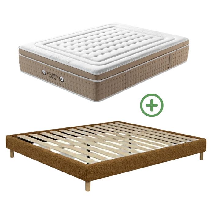 Ensemble matelas Bali & sommier Cancun | Mémoire de forme et ressorts ensachés | Cadre à lattes | Bouclette | Camel