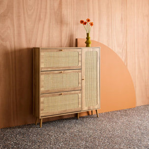 Meuble à chaussures décor bois et cannage 3 abattants 1 porte BOHÈME