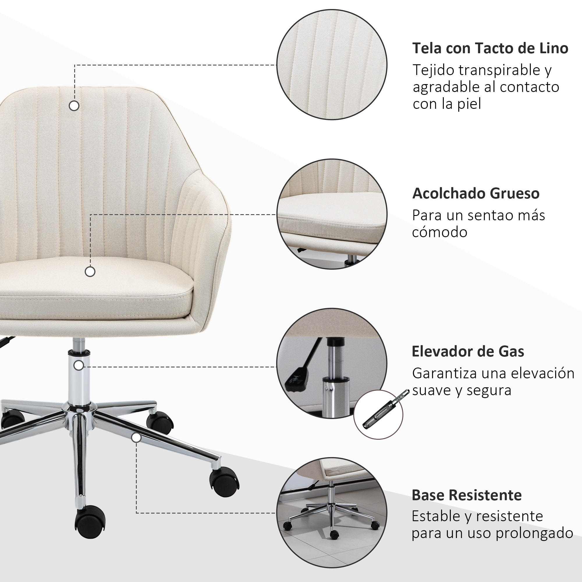 Silla de Oficina Silla de Escritorio Giratoria Tapizado en Lino con Altura Ajustable y Reposabrazos para Estudio Dormitorio Tocador Carga 120 kg Beige
