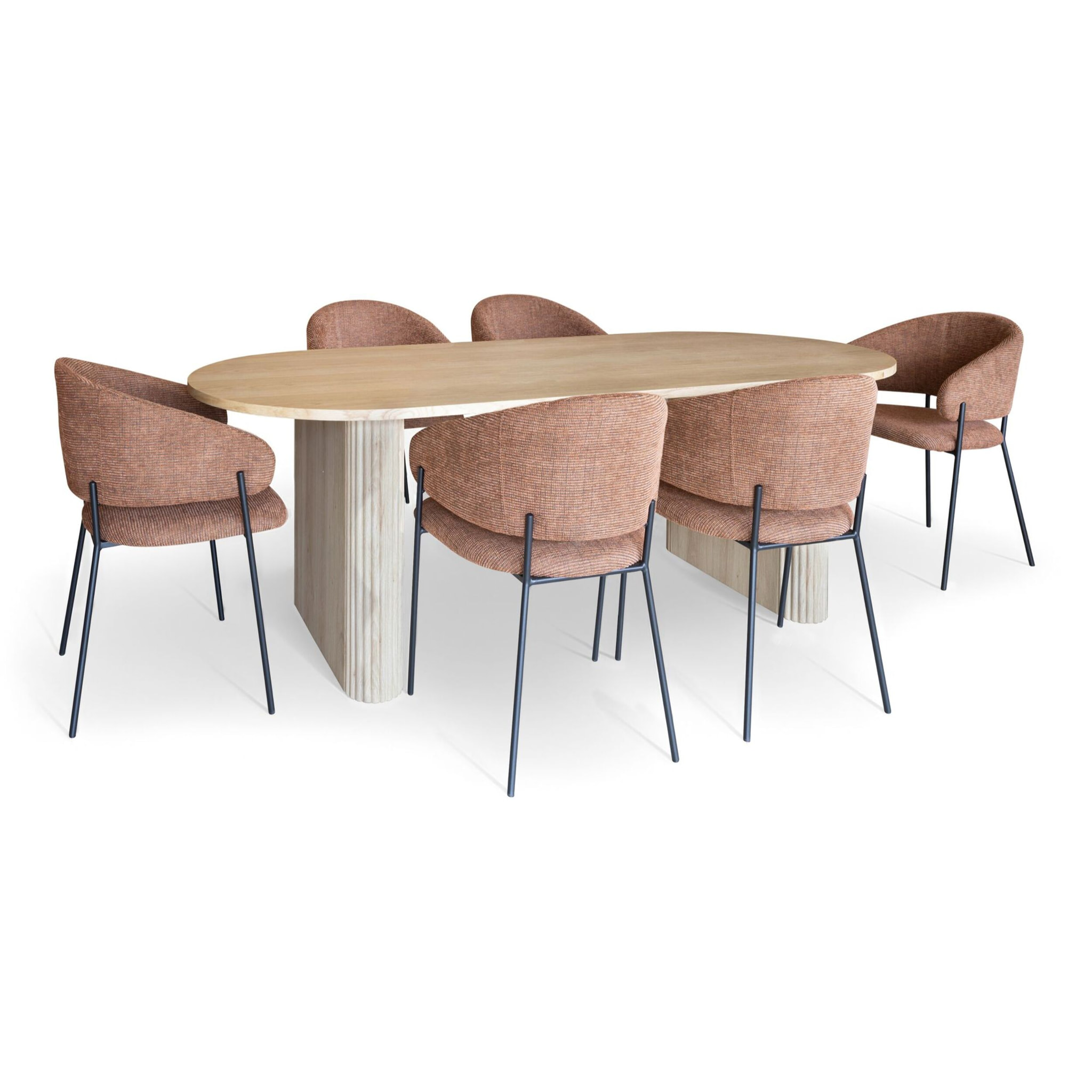 Ensemble table ovale et 6 fauteuils en tissu brique QUITO