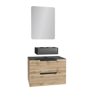 Meuble salle de bains 80 cm 2 tiroirs - Chêne et noir - Vasque rectangle - Miroir 60x80 - OMEGA