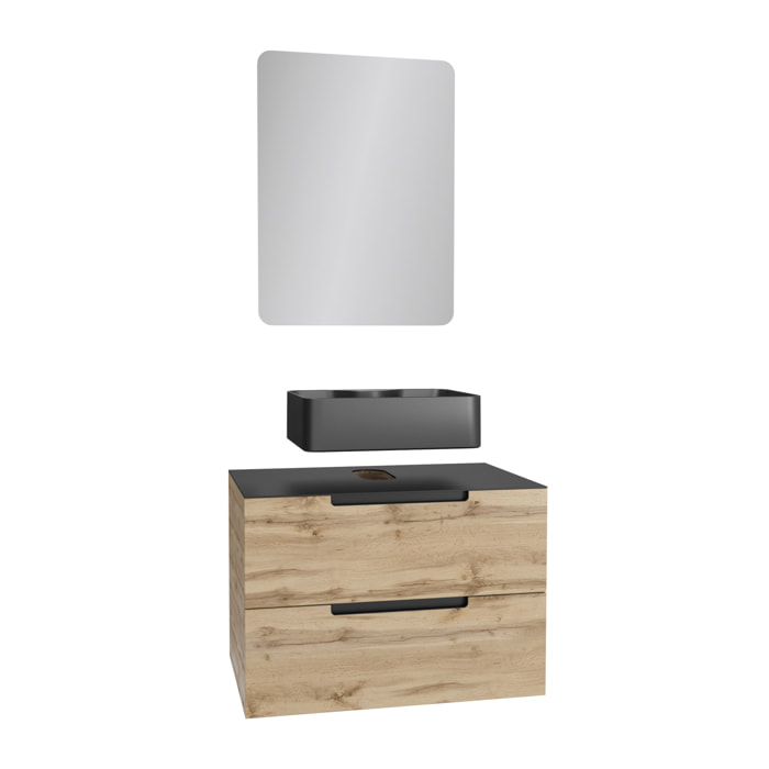 Meuble salle de bains 80 cm 2 tiroirs - Chêne et noir - Vasque rectangle - Miroir 60x80 - OMEGA