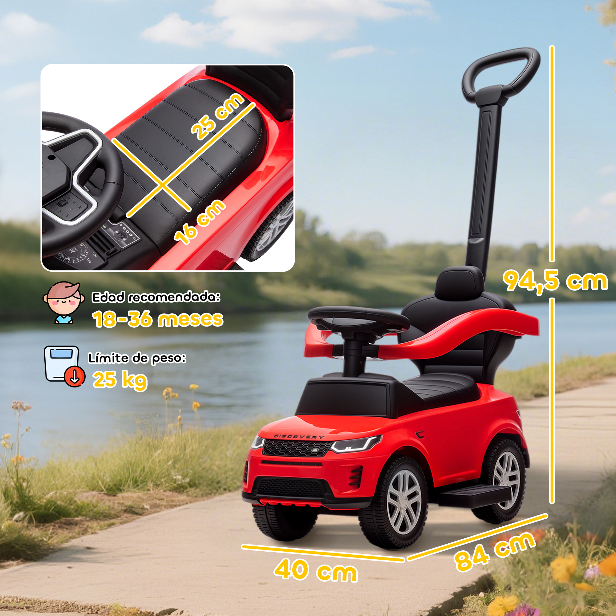 Coche Correpasillos 2 en 1 para Niños de 18-36 Meses LAND ROVER DISCOVERY, Correpasillos con Espacio de Almacenaje, Bocina, Volante, Mango de Empuje y Barandilla Extraíbles, Rojo