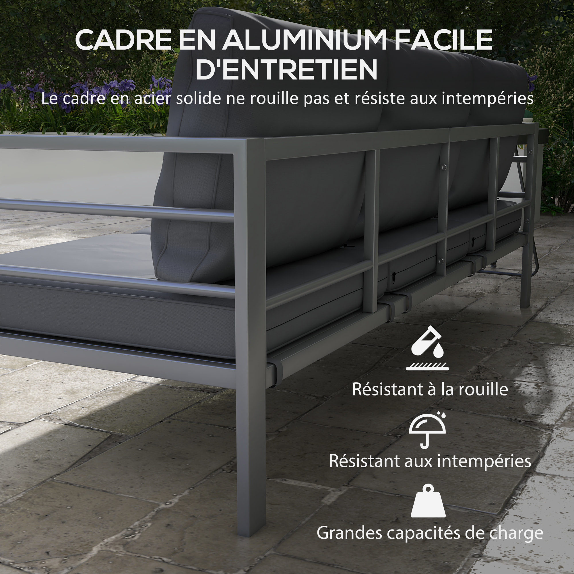 Canapé de jardin 3 places design contemporain - dim. 185L x 66l x 64H cm - 6 coussins inclus - alu polyester gris