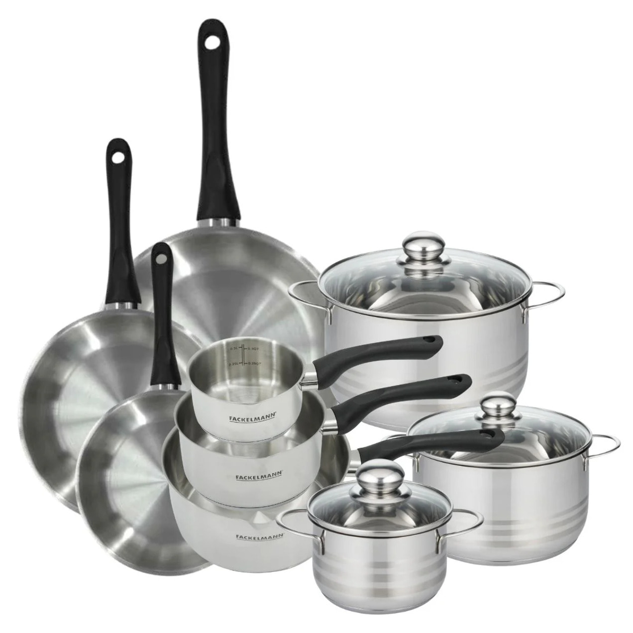 Batterie de cuisine avec 3 poêles 20/24/28 cm 3 casseroles 12/16/20 cm et 3 faitouts 16/20/24 cm en inox sans PFAS Fackelmann Généva Brillant