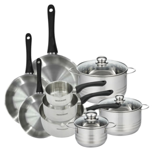 Batterie de cuisine avec 3 poêles 20/24/28 cm 3 casseroles 12/16/20 cm et 3 faitouts 16/20/24 cm en inox sans PFAS Fackelmann Généva Brillant
