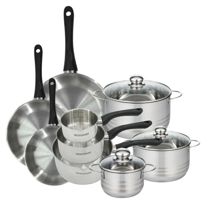 Batterie de cuisine avec 3 poêles 20/24/28 cm 3 casseroles 12/16/20 cm et 3 faitouts 16/20/24 cm en inox sans PFAS Fackelmann Généva Brillant