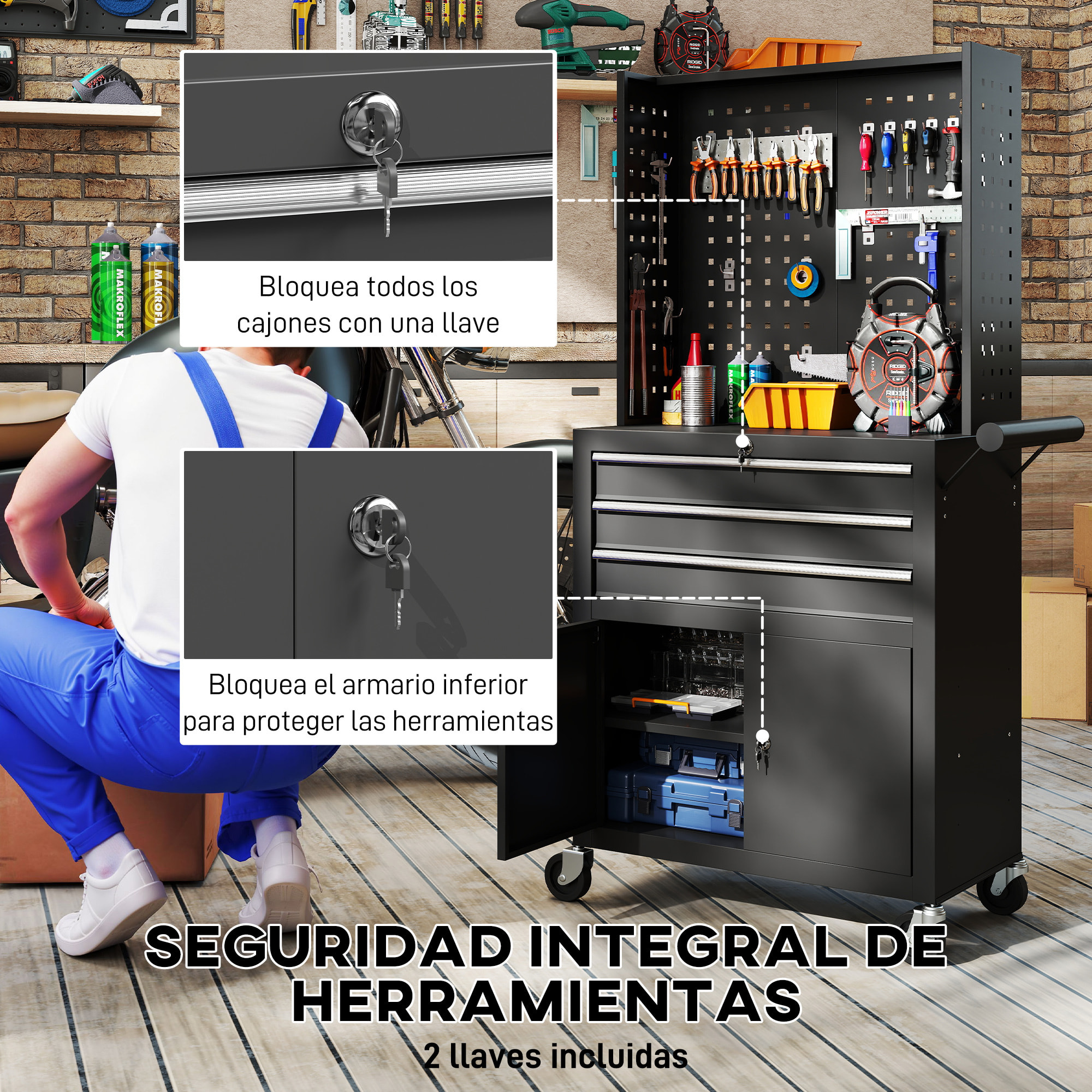 Carro de Herramientas con 3 Cajones y Tabla de Pegboard, Carro de Taller, Cerradura por Llave, Estante Ajustable, 2 Ruedas con Freno de Bloqueo, Negro