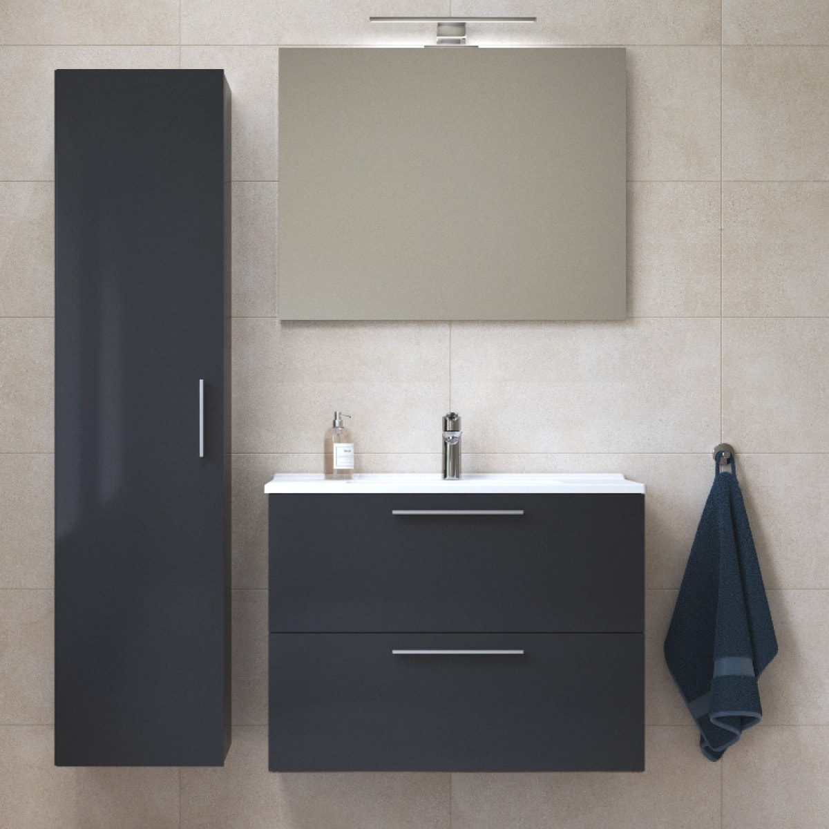 Set Mia ensemble meuble 79x61x39,5 cm  avec miroir, lavabo, éclairage LED + armoire 145x35x35cm, Anthracite brillant