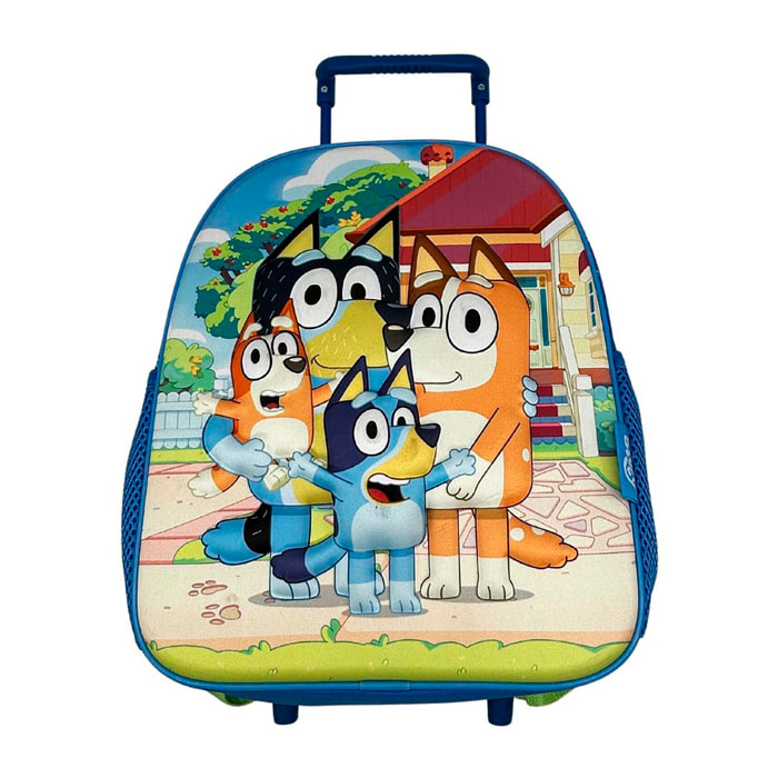 Carrello per la scuola dell'infanzia 3D Eva Bluey. Tasca laterale. Personaggio in 3D.