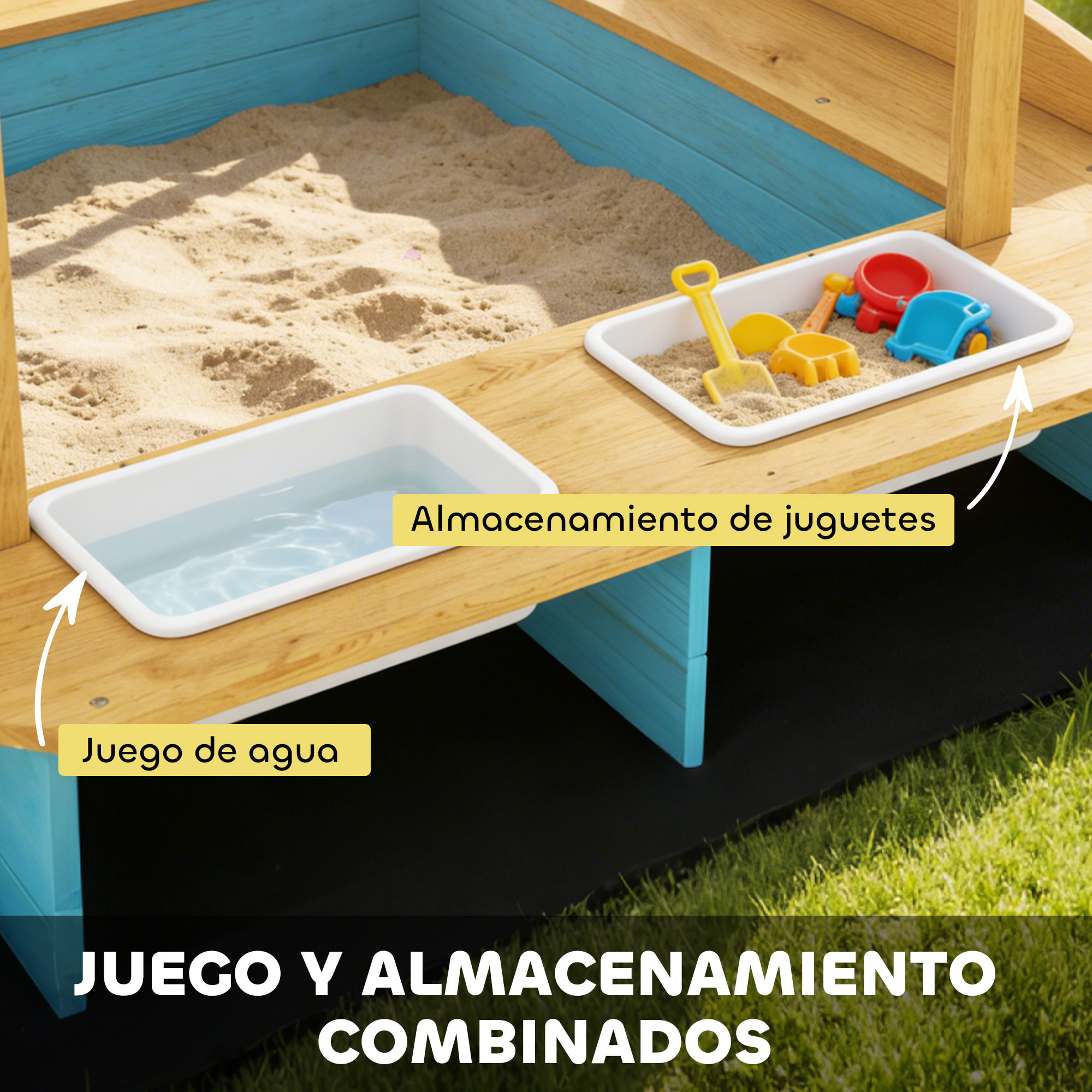 Arenero para Niños de Madera con Techo, Arenero Infantil con 3 Bancos, 2 Cajas de PP, Forro, Caja de Arena para Niños de 3-6 Años, para Patio, Jardín, Balcón, 128x118x121 cm, Azul