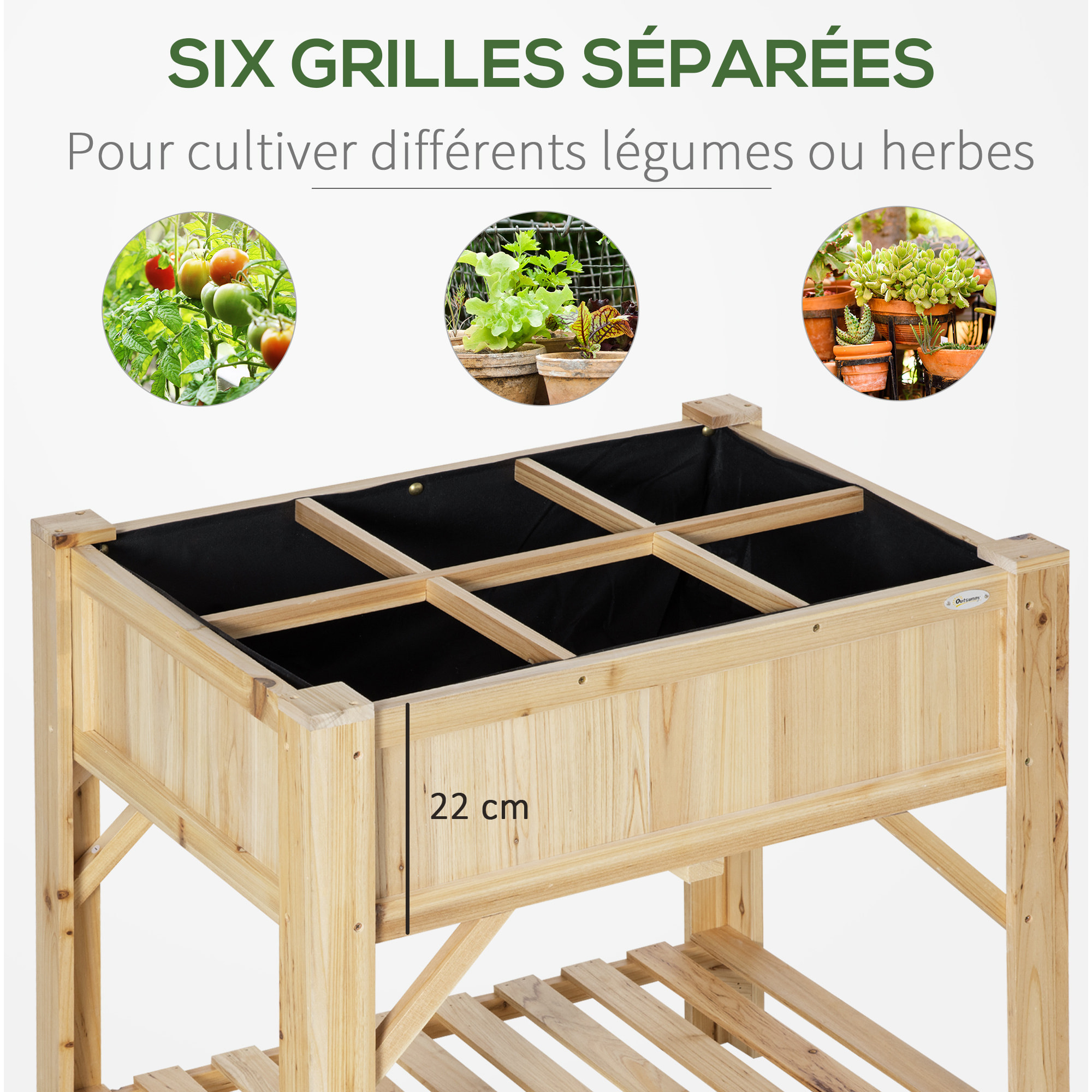 Jardinière sur pieds - carré potager avec étagère - dim. 78L x 58l x 81H cm - 6 compartiments - feutre drainage inclus - bois sapin pré-huilé