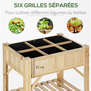 Jardinière sur pieds - carré potager avec étagère - dim. 78L x 58l x 81H cm - 6 compartiments - feutre drainage inclus - bois sapin pré-huilé